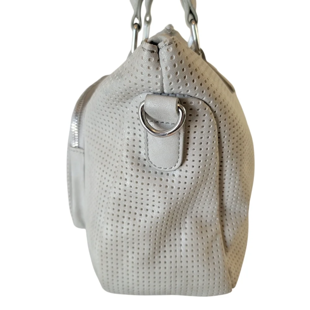 She + Lo Hobo Bag Gray Cutout Pattern Studded Faux Leather Missing Strap EUC